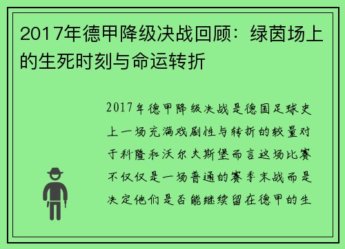 2017年德甲降级决战回顾：绿茵场上的生死时刻与命运转折